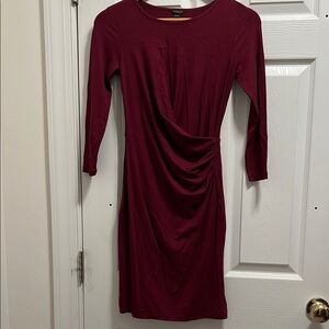 Ann Taylor Wine Red Ruched Long Sleeve Wrap Style 3/4 Sleeve Dress